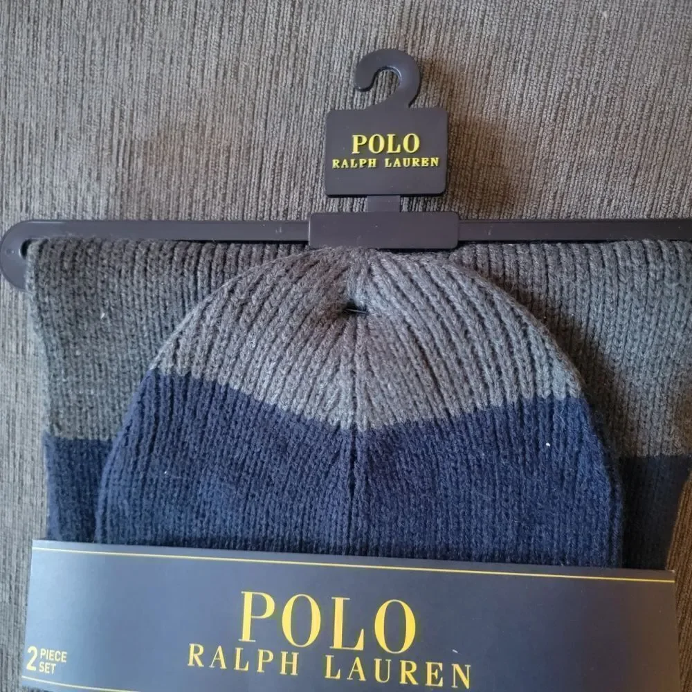 Polo Ralph Lauren Men's grey and navy 2 Piece Set Hat & Scarf Lambswool…